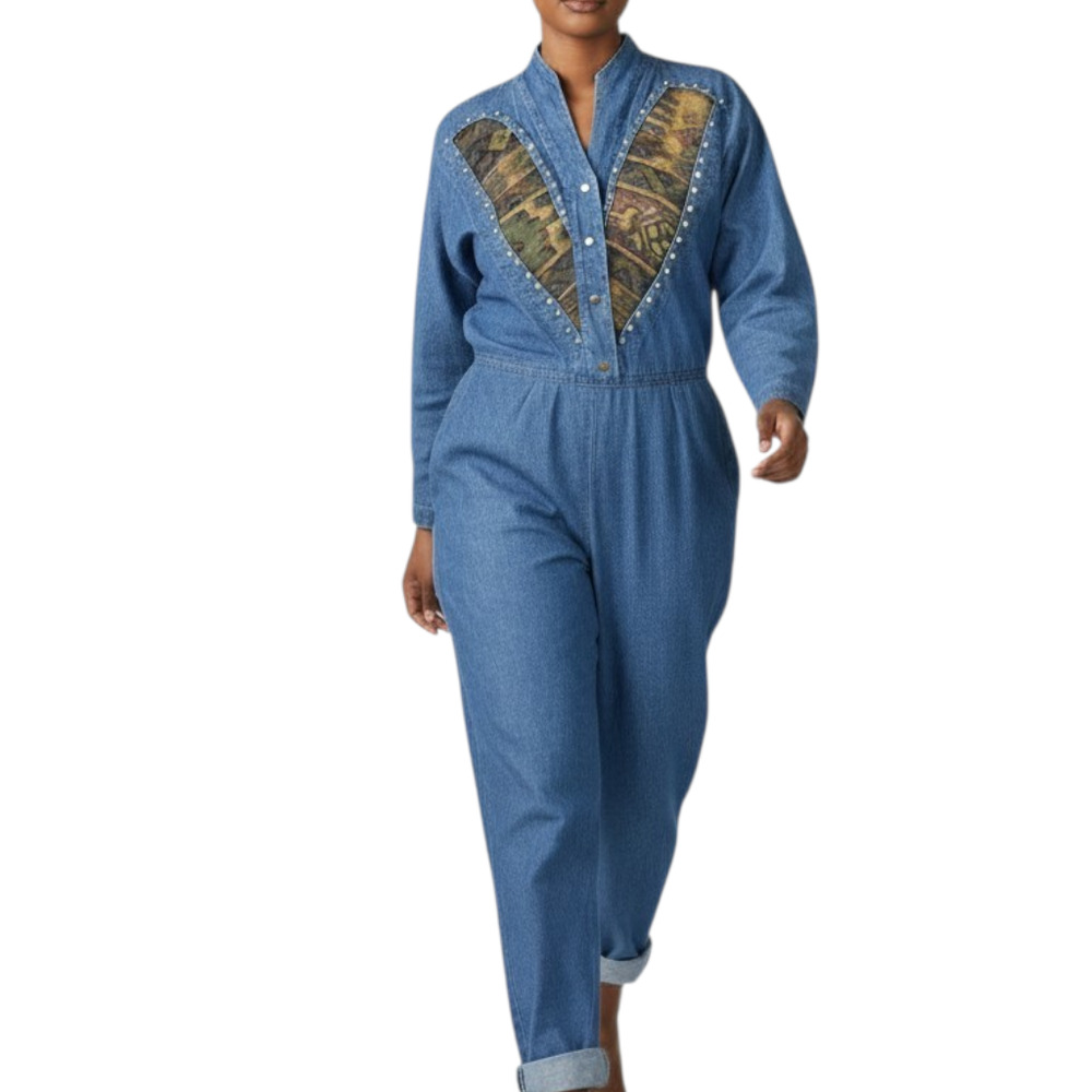Vintage Rio Denim Jumpsuit Blue Tapestry Medium Wash Jean 90s Embellished Large